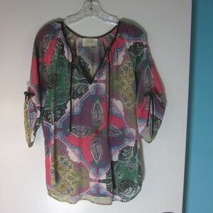 Yumi Kim Womens Size S 100% Silk Short Kimono Sleeve Blouse Keyhole Tie Neckline